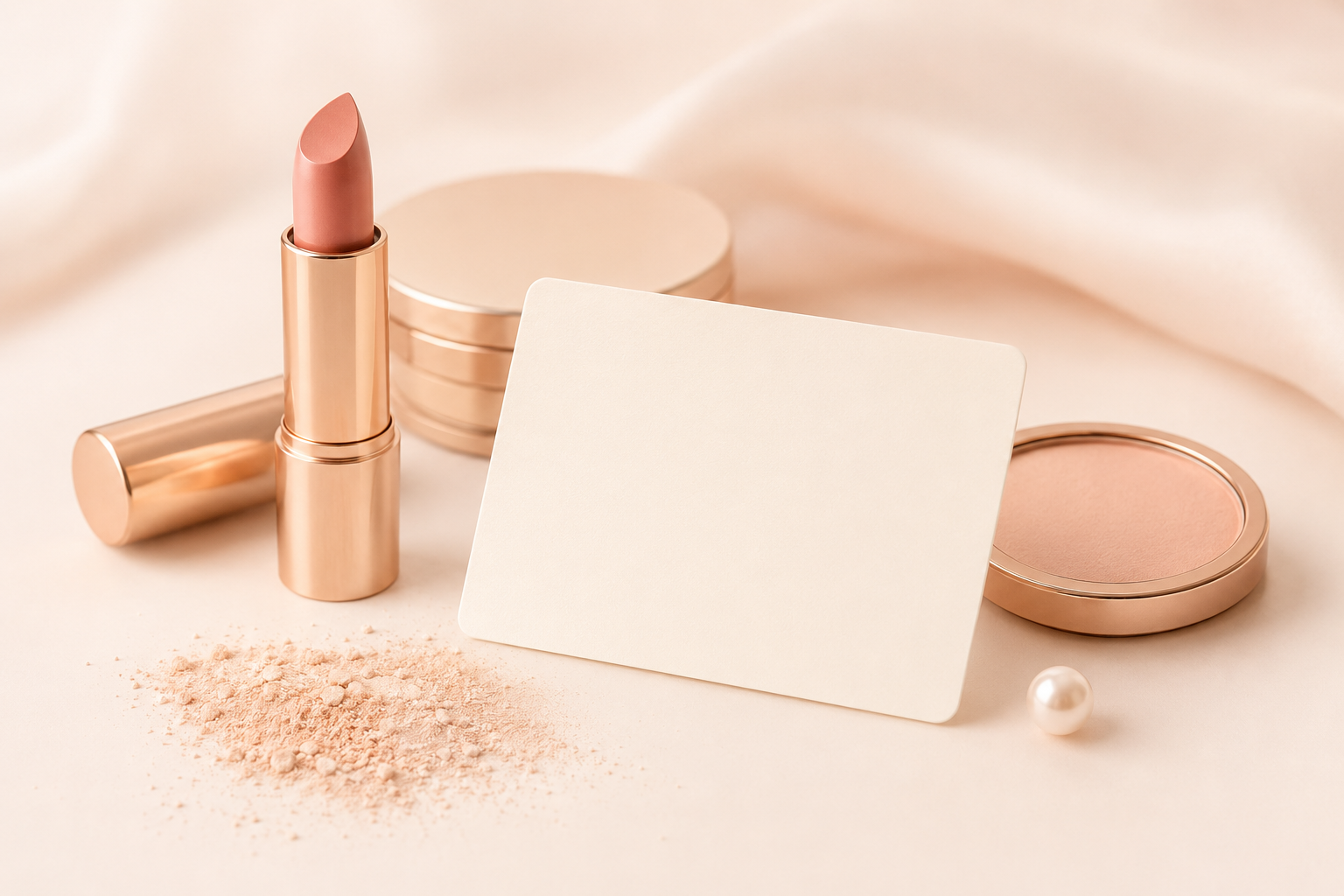 An unbranded blush gift card arranged with beauty products